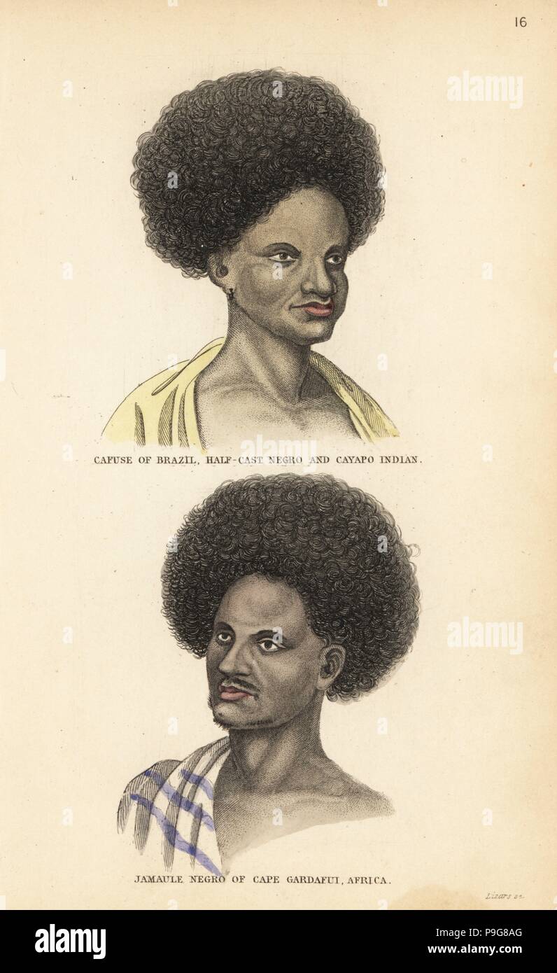 Cafuse man of Brazil (African and Kayapo) and Jamaule man (Arab and African) of Cape Gardafui, Somalia. Handcoloured steel engraving by Lizars after an illustration by Charles Hamilton Smith from his Natural History of the Human Species, Edinburgh, W. H. Lizars, 1848. Stock Photo