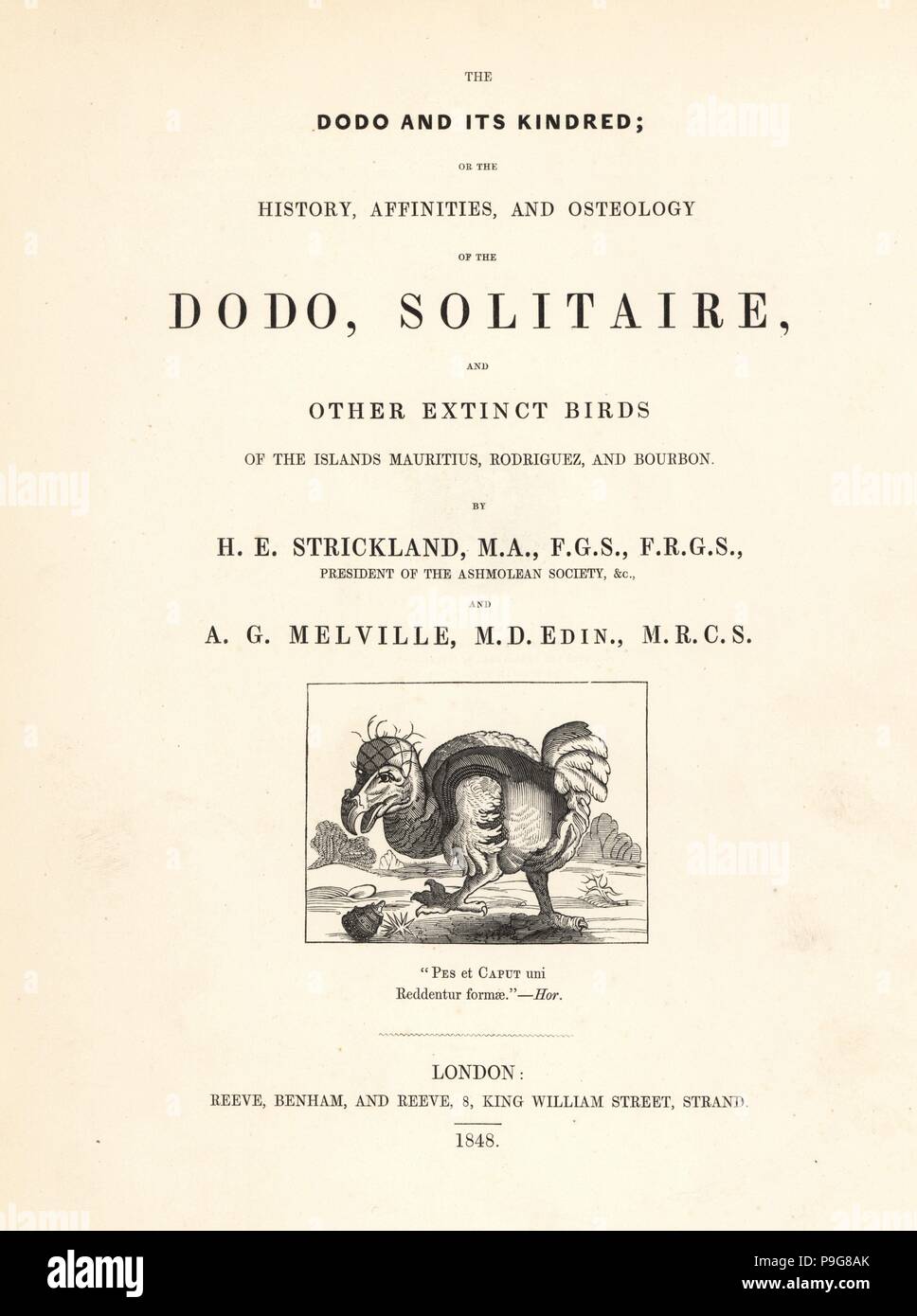 Title page with Willem Ysbrantsz Bontekoe's illustration of the dodo, Raphus cucullatus, 1648. Title page from Hugh Edwin Strickland and Alexander Gordon Melville's The Dodo and its Kindred, London, Reeve, Benham and Reeve, 1848. Stock Photo