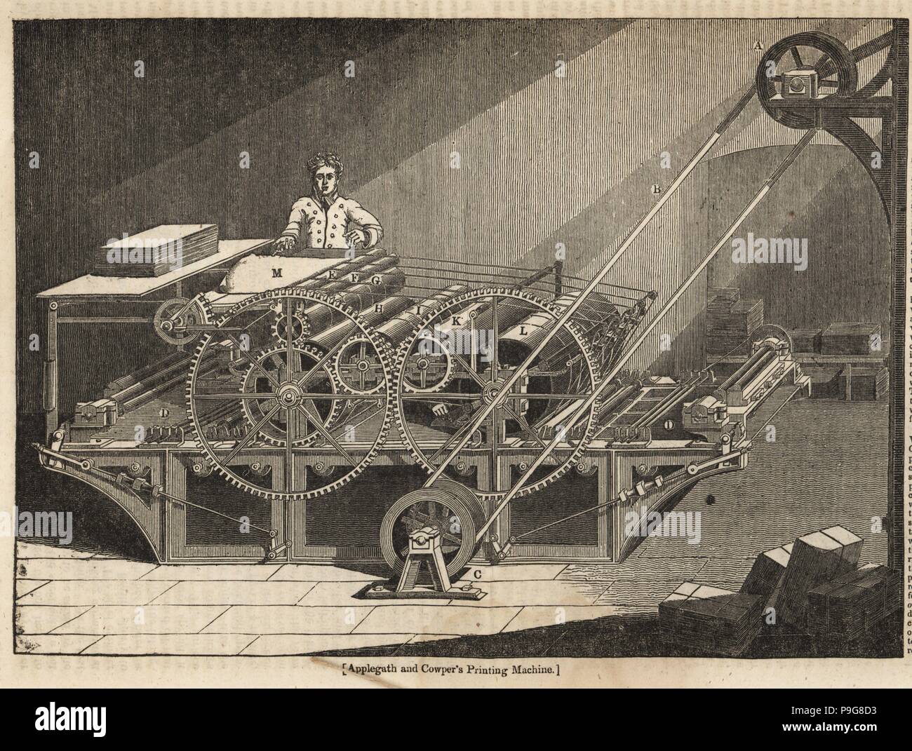 Augustus Applegath and Edward Cowper's printing machine. A boy inserts sheets of paper into the four-roller, 16-wheel printing machine capable of printing 5,000 sheets double-sided. Woodblock engraving from the Penny Magazine, Society for the Diffusion of Useful Knowledge, 1833. Stock Photo