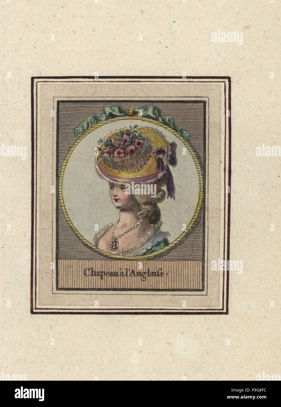 Woman in English-style hat decorated with ribbons and flowers. Chapeau a l’Anglaise. Handcoloured copperplate engraving by an unknown artist from an Album of Fashionable Hairstyles of 1783, Suite des Coeffures a la Mode en 1783, Esnauts et Rapilly, Paris, 1783. Stock Photo