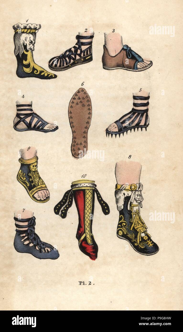 Shoes, boots and sandals of ancient Rome. Cothurnus boot 1, rustic sandal  2, open-toe shoe 3, centurion's sandal 4, spiked sandal for marching 5,  nailed sandal sole 6, shoe sandal 7, emperor's