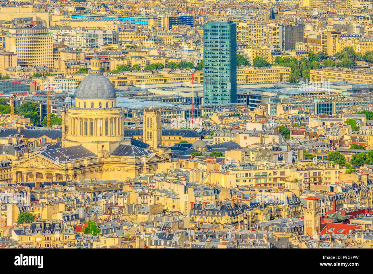 Aerial view of dome of the Pantheon at sunset light from panoramic terrace of Tour Montparnasse. Paris urban skyline and cityscape. Capital of France in Europe. Stock Photo