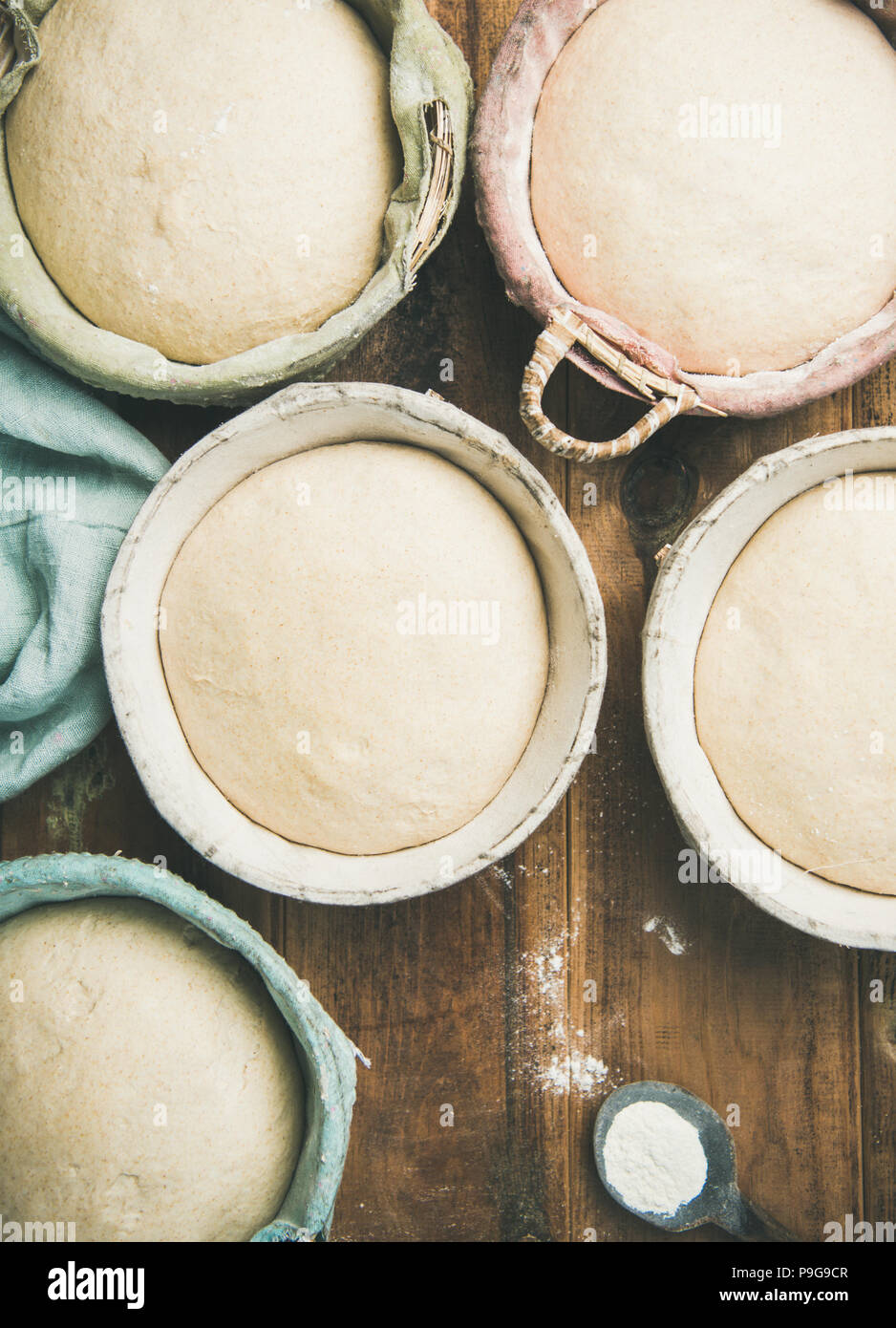 Flatlay of sourdough for baking homemade bread in baskets Stock Photo