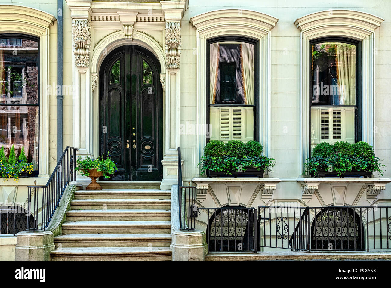 Brooklyn, NY, Brooklyb Heights, USA.  Looking Up at an Elegant Brownstone Townhouse. Stock Photo