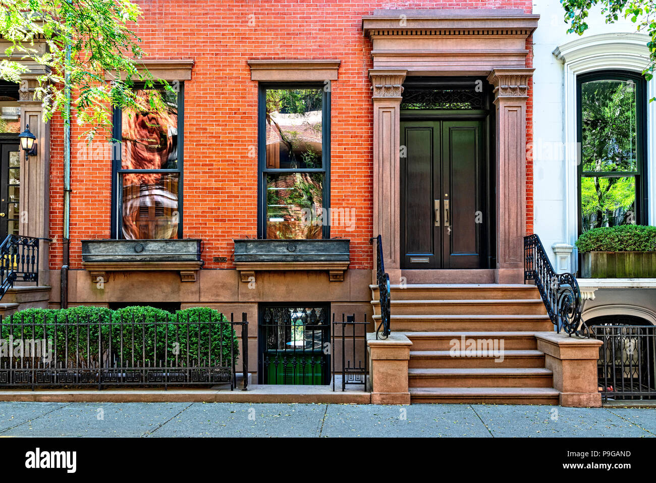 Brooklyn, NY, Brooklyb Heights, USA.  Looking Up at an Elegant Brownstone Townhouse. Stock Photo