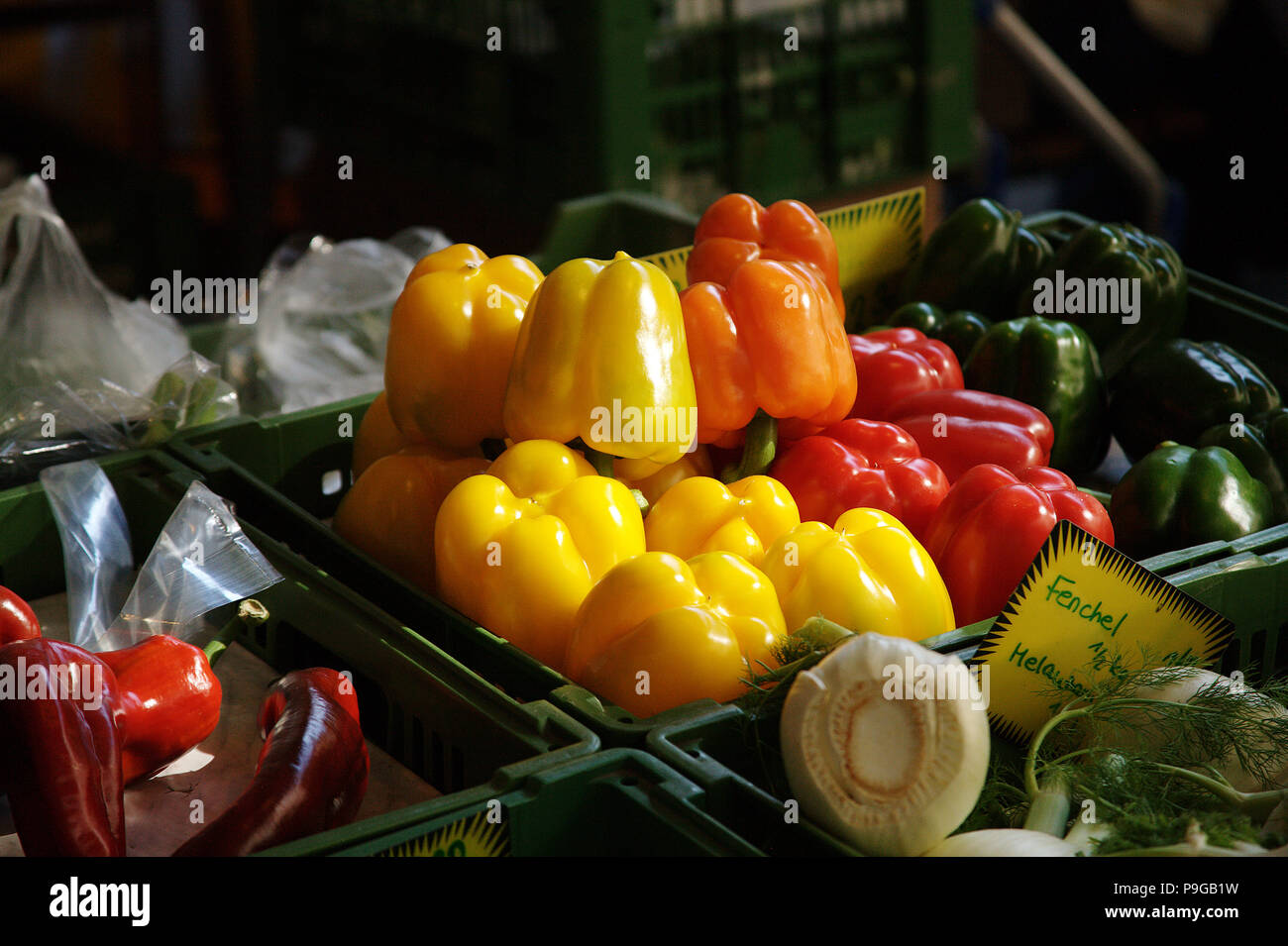 Boxes of fresh sweet peppers on a farmers market in Saltzburg, Austria Stock Photo
