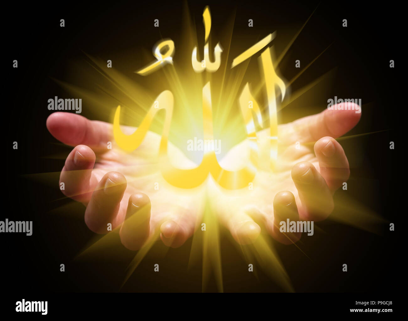 Hands Cupped And Holding Or Showing The Allah Word Arabic