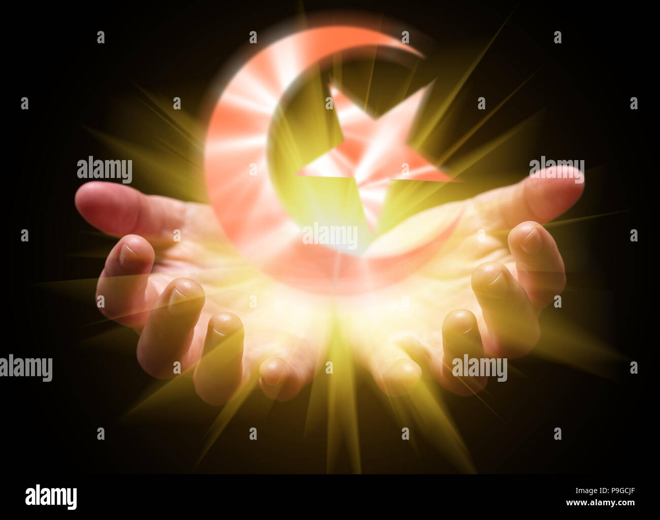 Hands cupped and holding or showing the Crescent. Moon and Star with bright, glowing, shining light. Concept for Islam, Islamic, Muslim, Arab, Arabic, Stock Photo