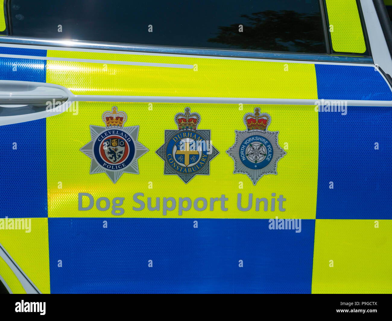Police car door Cleveland Police Durham Constabulary and North Yorkshire Police Dog Support Unit. Stock Photo