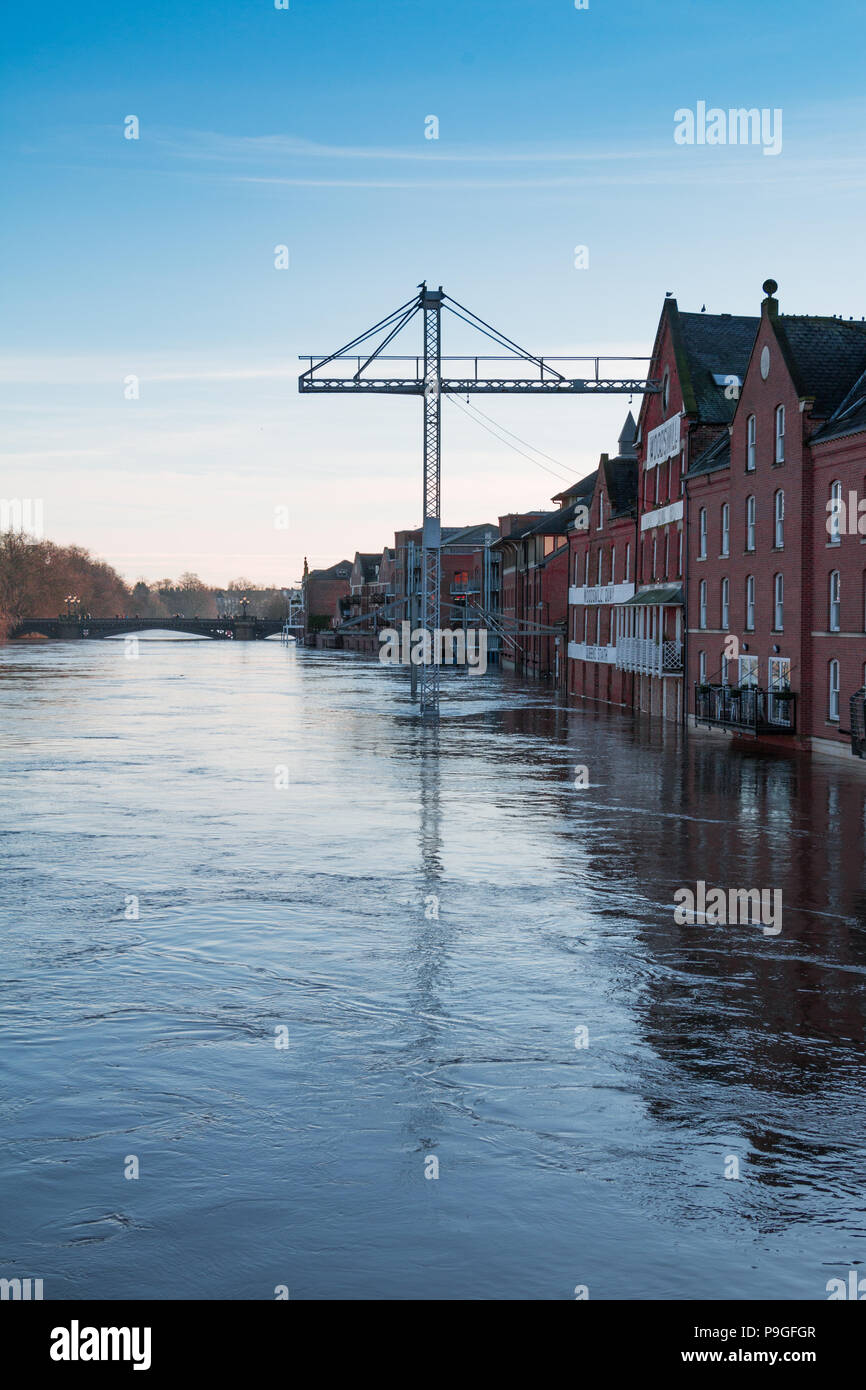 Heavy flooding in York, North Yorkshire seen from Ouse Bridge opposite King's Staithe. Stock Photo