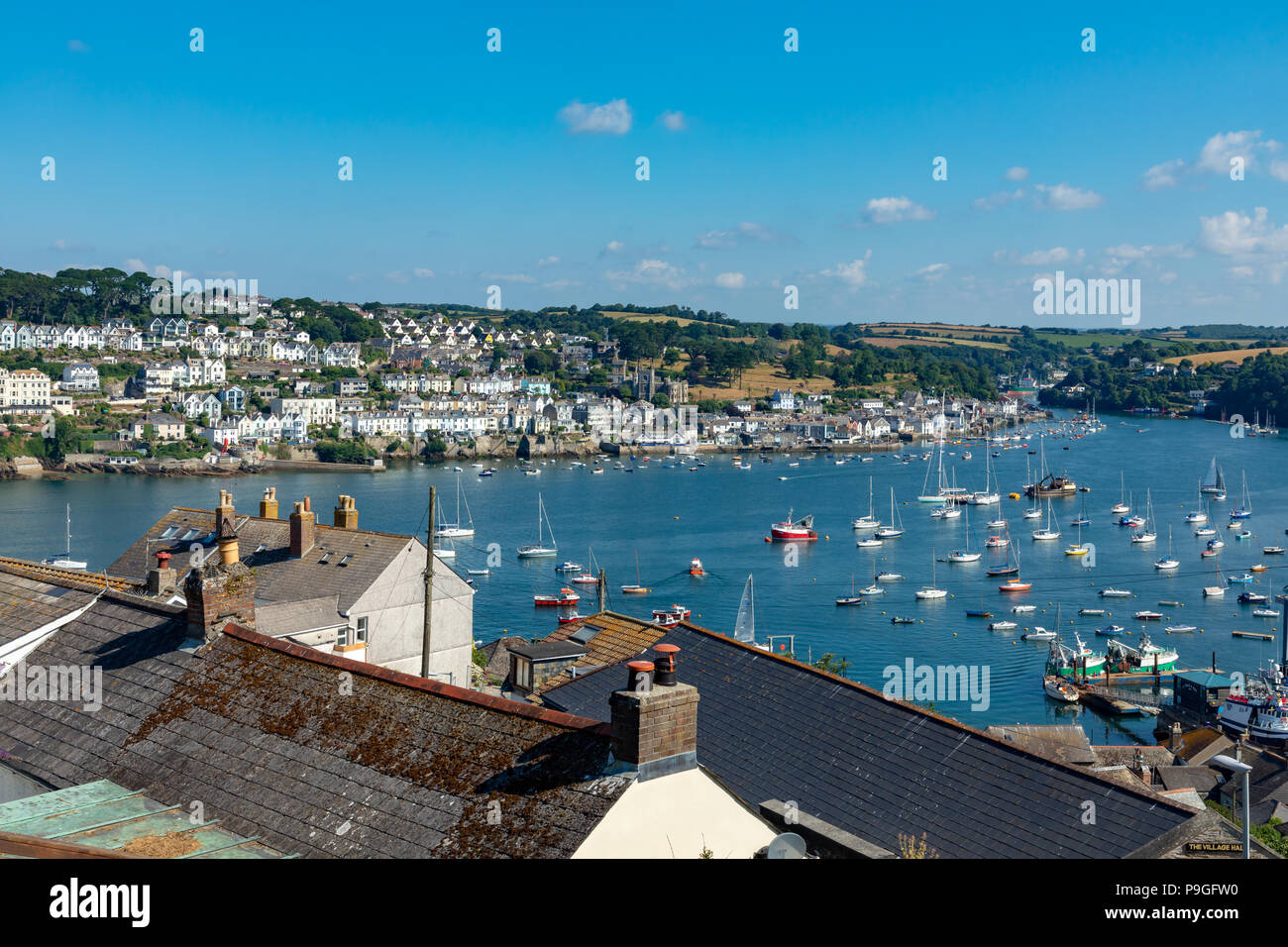 Fowey Cornwall England July 14, 2018 View of Fowey across the river estuary from Polruan Stock Photo