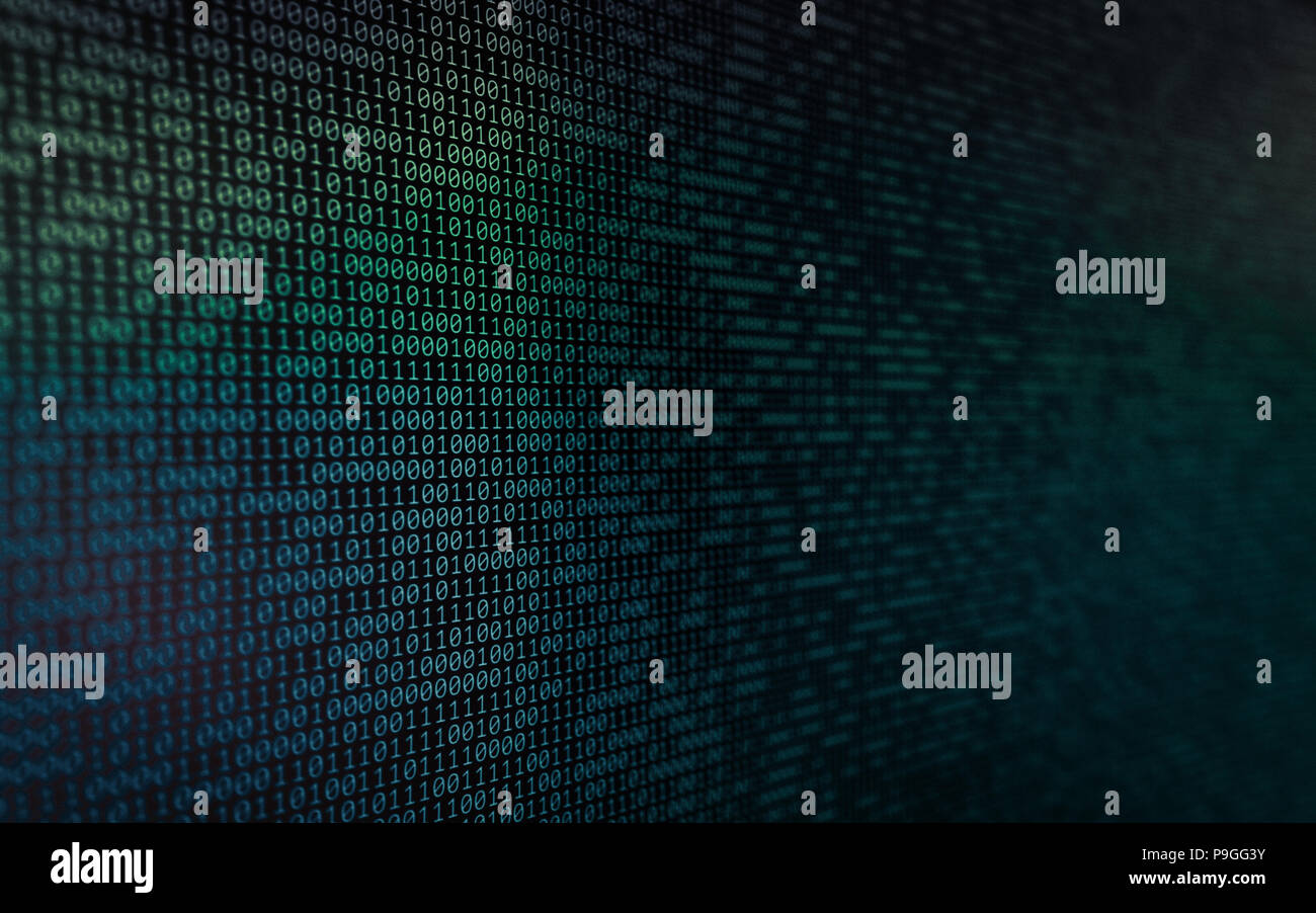 Wall of Binary Data with narrow depth of field added grain and colour gradients Stock Photo