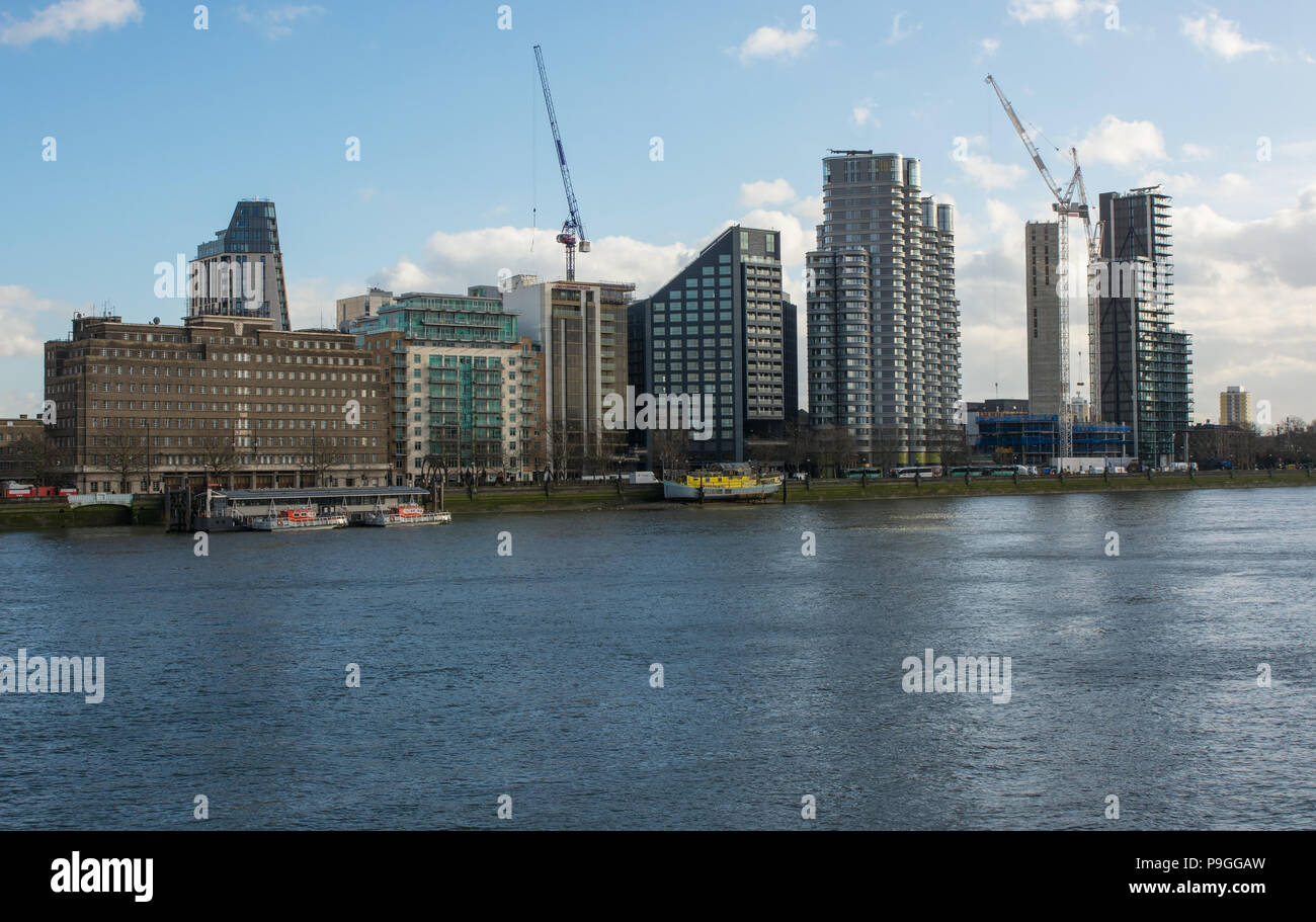 The Albert Embankment on the River Thames in London, England. Viewed from Lambeth Bridge across the river. Stock Photo