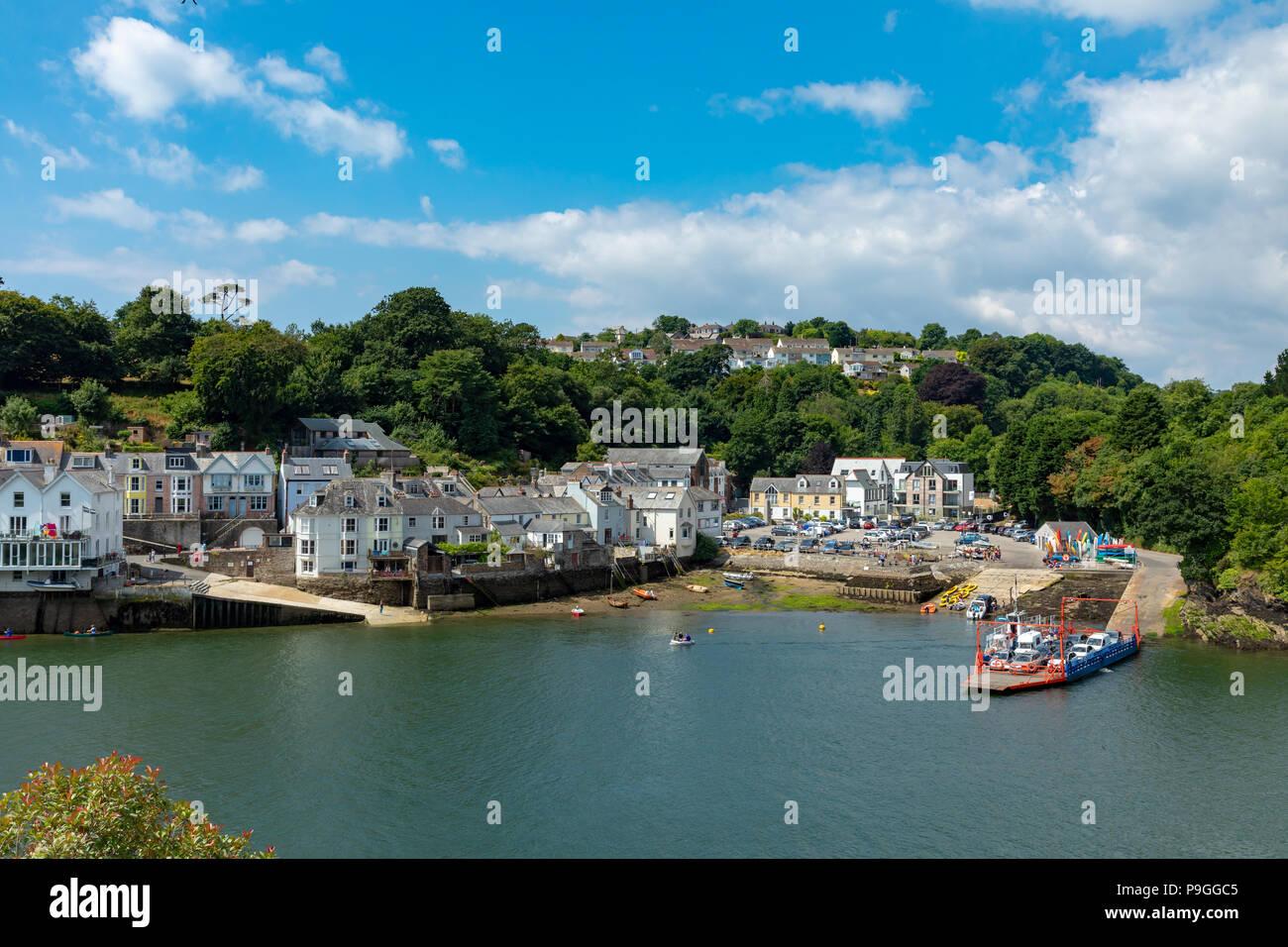 Fowey Cornwall England July 14, 2018 View across the River Fowey from Bodinnick, showing the car ferry Stock Photo