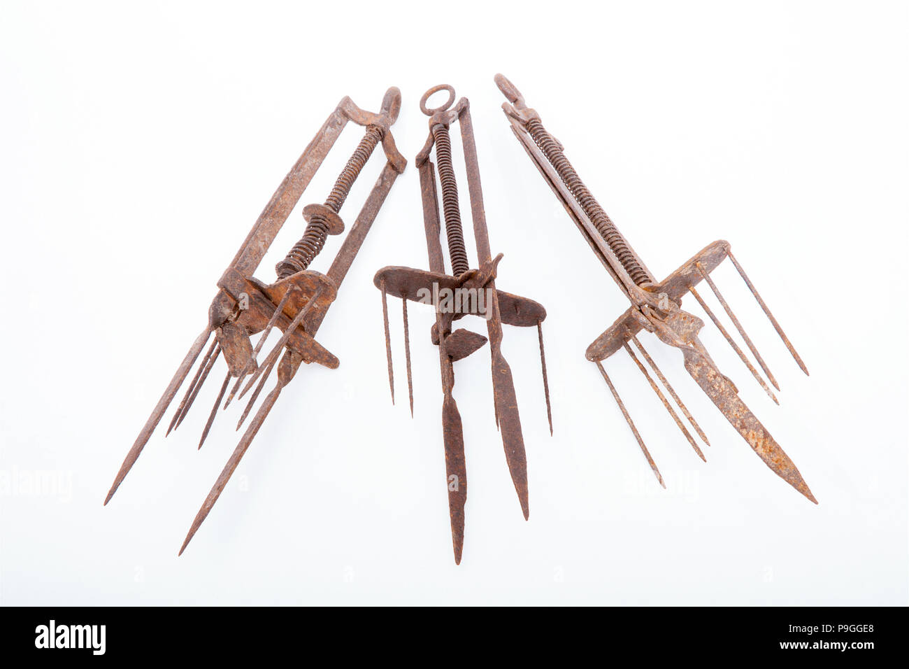 Old mole traps designed to impale a mole on their spikes when the trap was triggered. These were known as Anglo Impassable mole traps and research wou Stock Photo