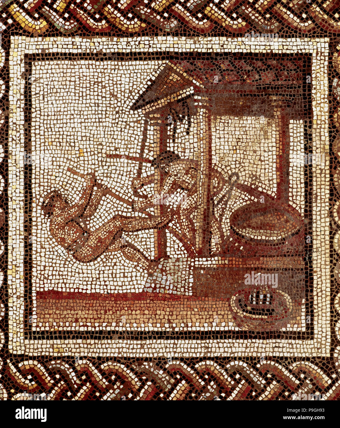 'Pressing olives for oil extraction', Roman mosaic. Stock Photo