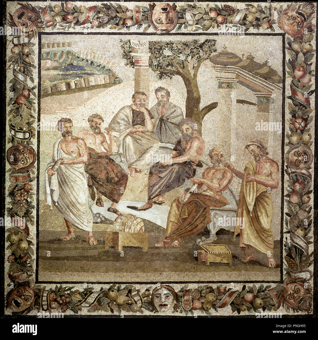 Plato's Academy', mosaic. Plato teaching philosophy to his disciples. Pompeian copy of an Helleni… Stock Photo