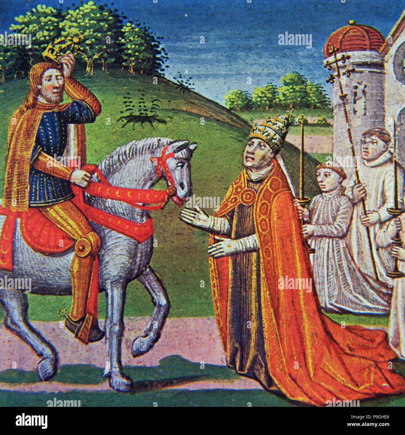 Meeting between Pope Adrian I and Charlemagne, miniature in the incunabula 'Chronicles of France'… Stock Photo