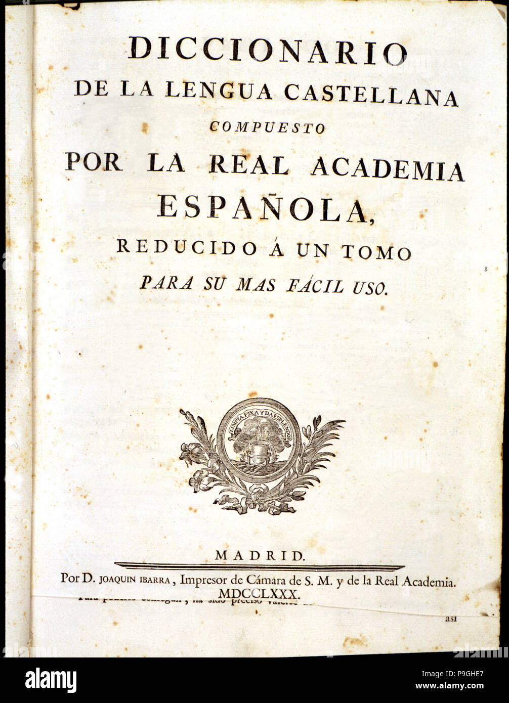 Cover of the 'Dictionary of the Spanish language', composed by the Royal Spanish Academy, printed… Stock Photo