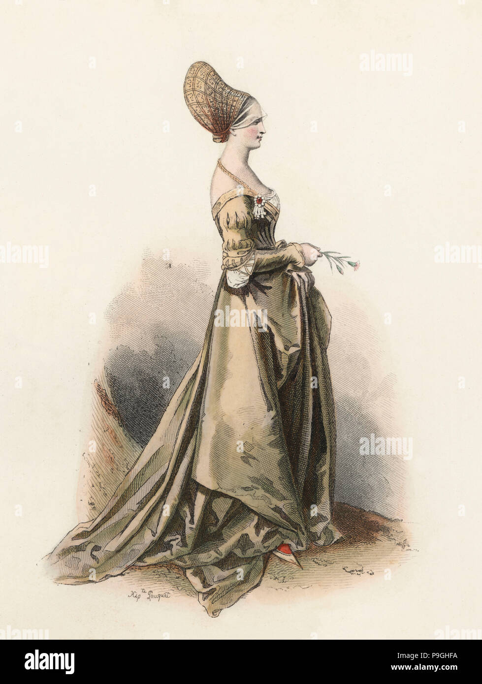 Lady of Nuremberg, in the Modern age, color engraving 1870. Stock Photo