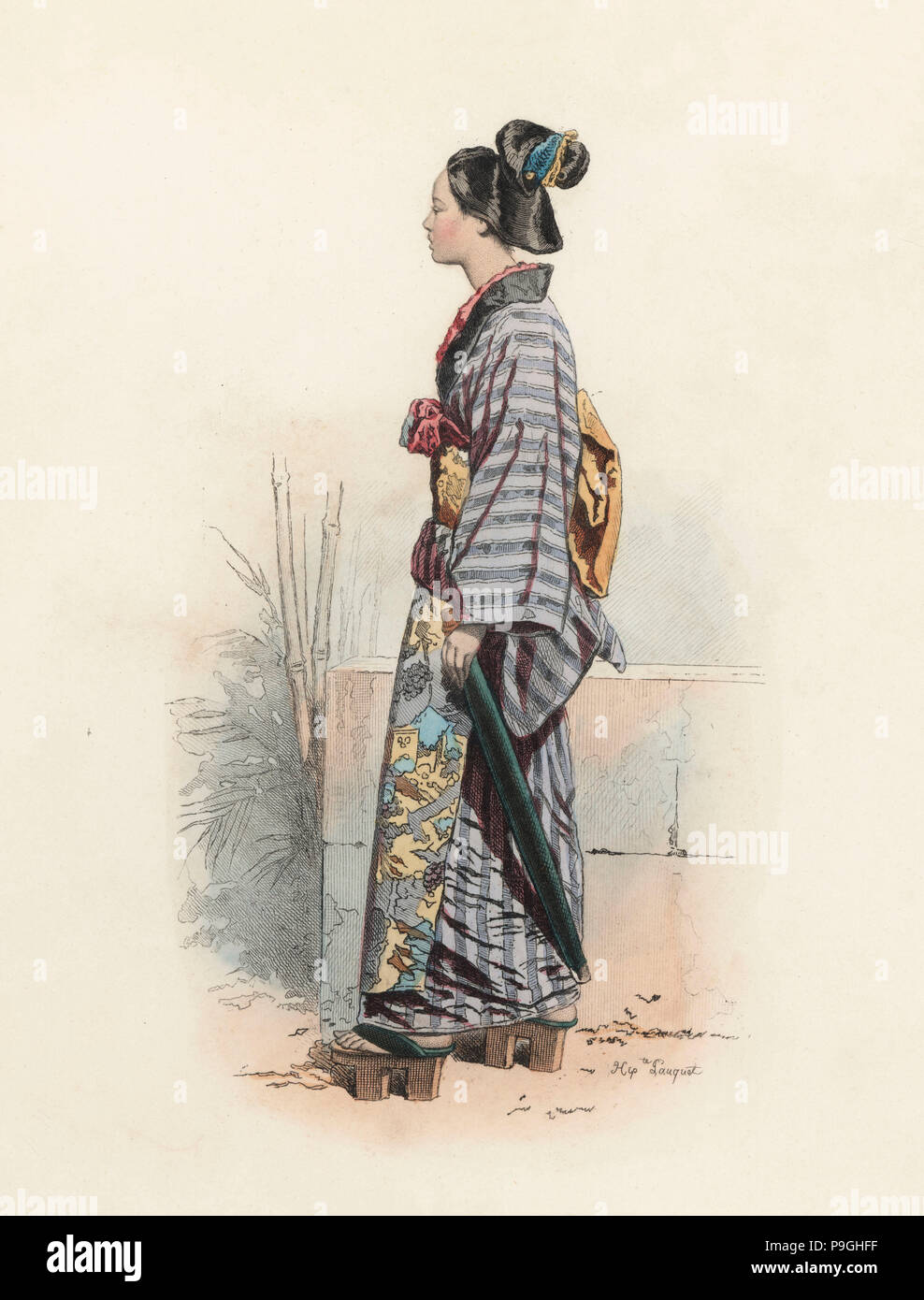Japanese woman dressed in street clothes, color engraving 1870 Stock ...