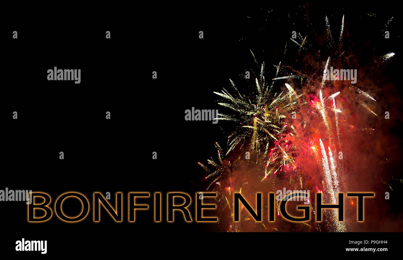 Bonfire night, November 5th, UK celebrates Guy Fawkes night with fireworks. With copyspace. Stock Photo