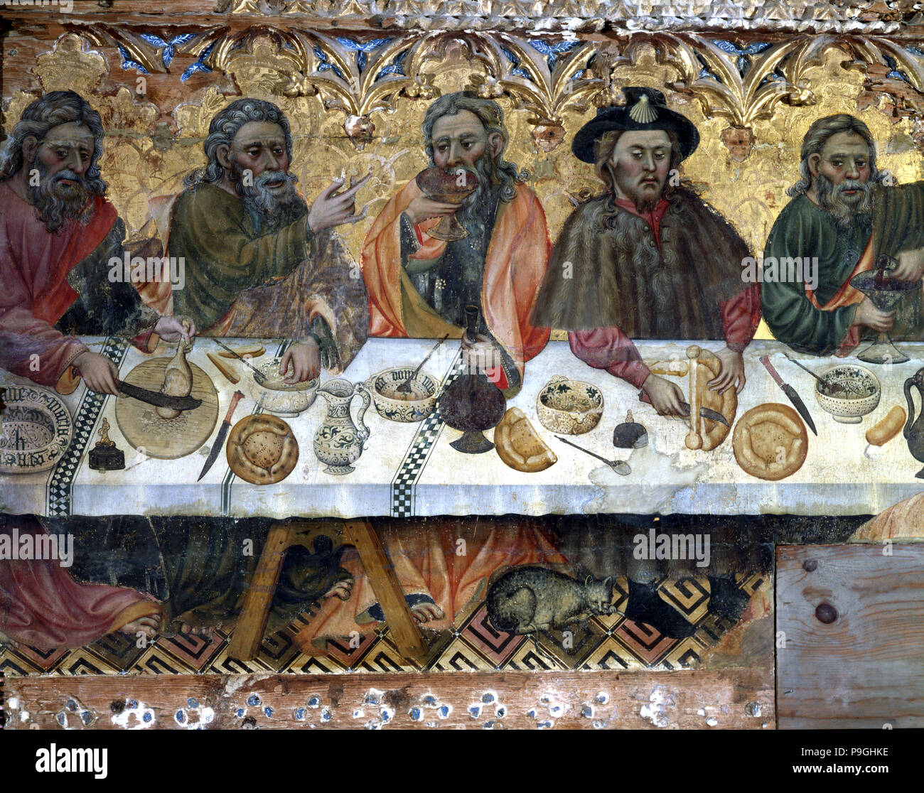 Holy Supper' tempera painting on wood by Jaume Ferrer, detail of the apostles in the left side. Stock Photo