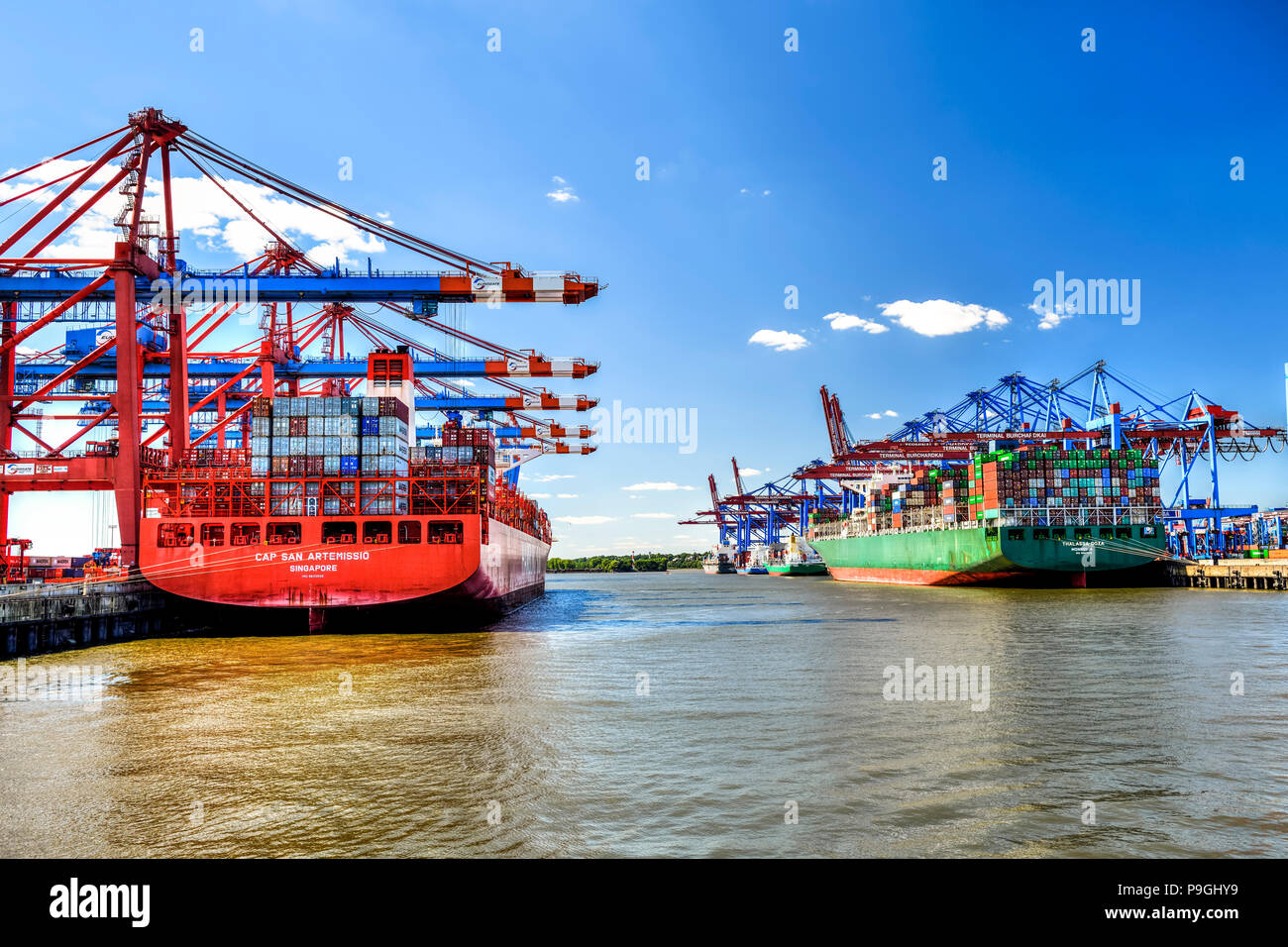 Container ships in the Port of Hamburg, Germany, Europe Stock Photo