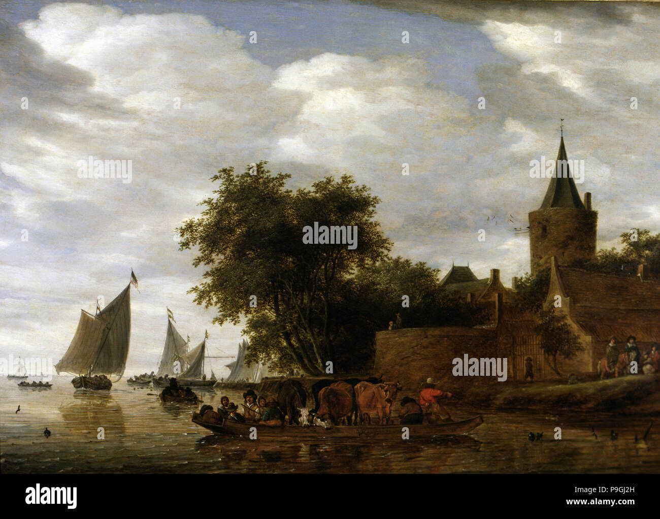 'River Scene with Ferry', 1664 by Salomon Ruisdael. Stock Photo
