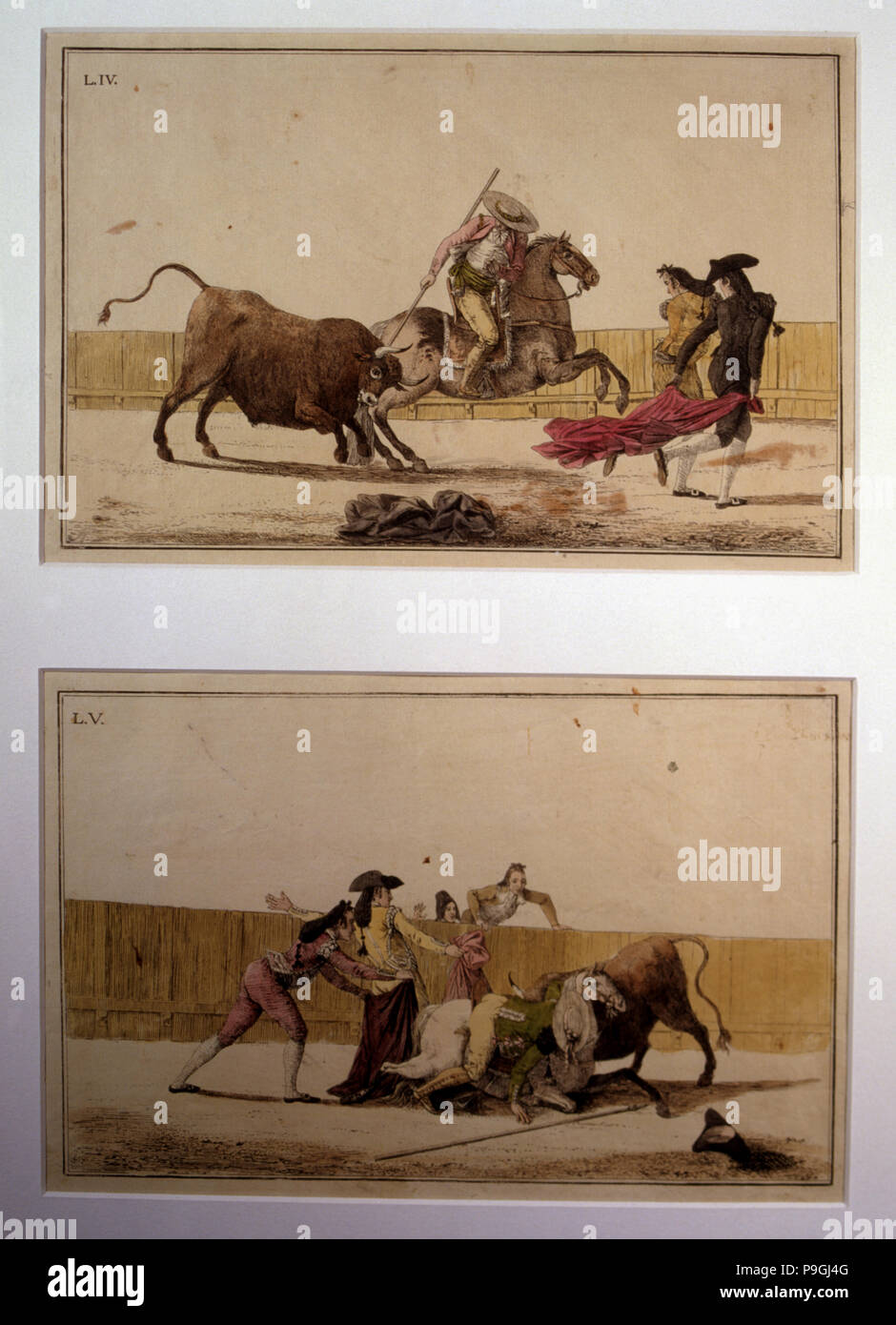 'Suerte de Varas' (Bullfighting stage), colored engraving by Antonio Carnicero. Stock Photo
