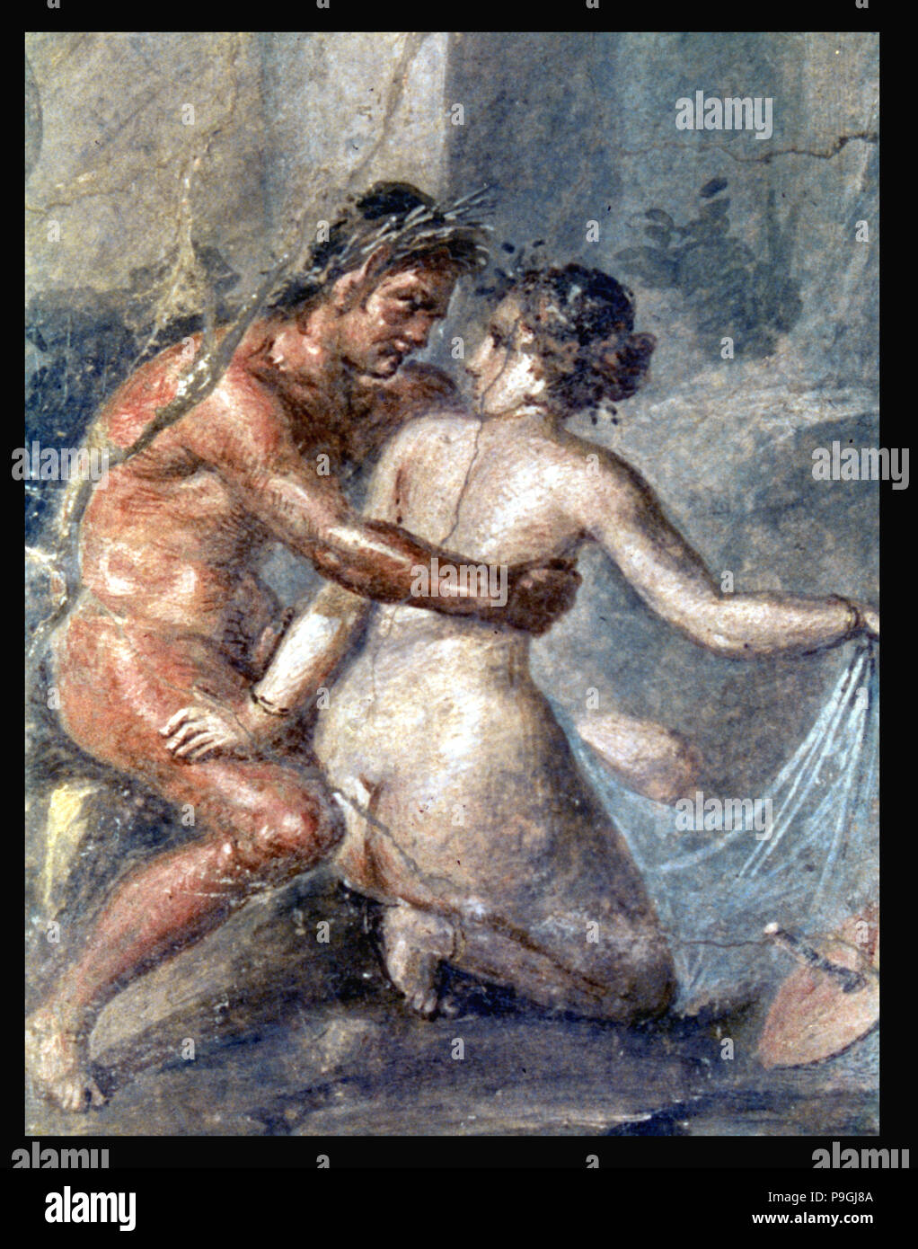 Satyr embracing a nymph, fresco from the house of Epigram at Pompeii. Stock Photo