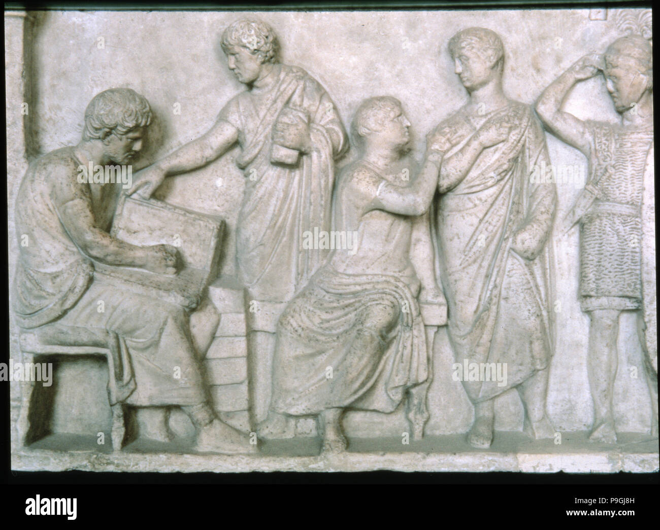Scene of a census, relief on the altar of Domitius Aenobarbus. Stock Photo