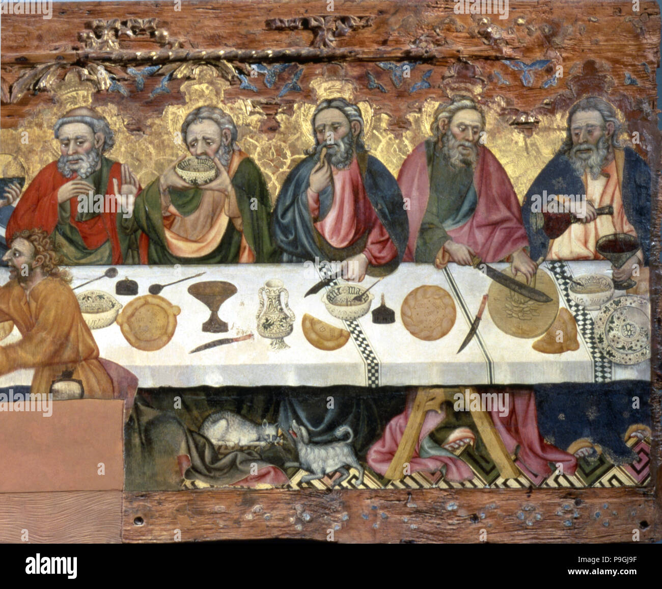 Holy Supper' tempera painting on wood by Jaume Ferrer, detail of the right side. Stock Photo