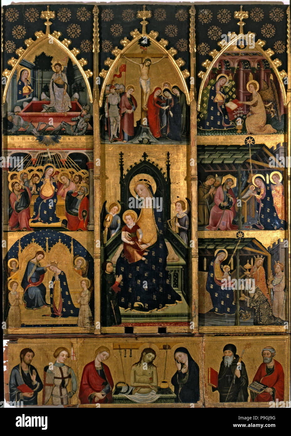 Altarpiece of the Virgin of Abella de la Conca. Tempera on wood, from the church of Sant Esteve d… Stock Photo