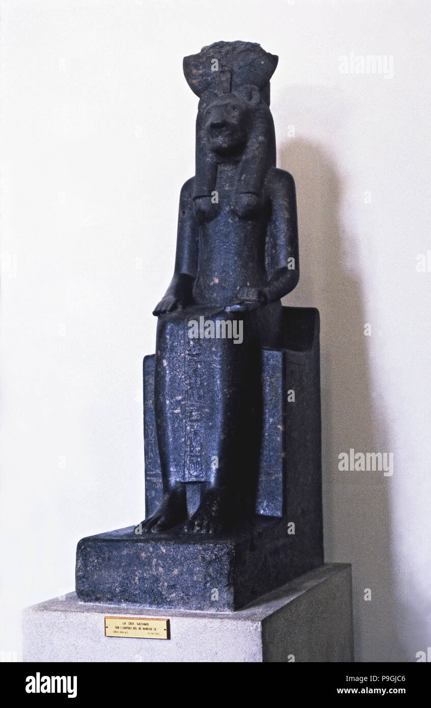 Statue of Goddess Sekhmet with ornamental papyrus of Ramses IV, about 1160 b.C. Stock Photo