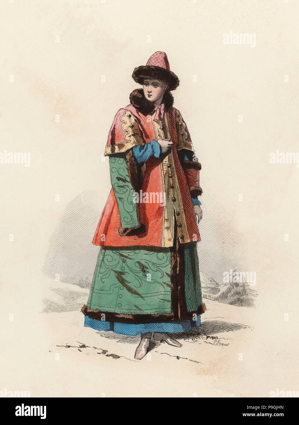 Daughter of Boyar Great Duke of Moscow in the Modern Age, color engraving 1870. Stock Photo