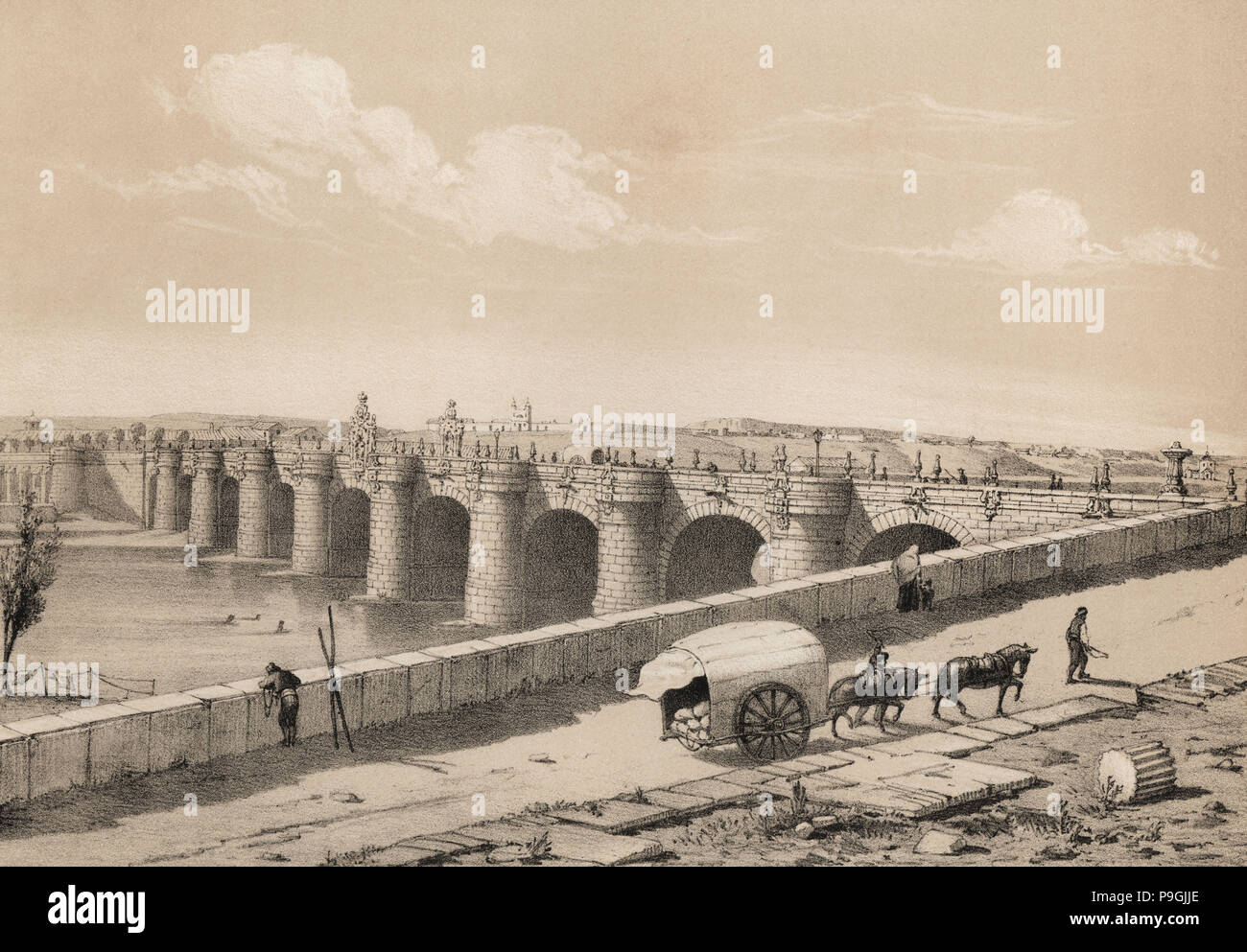 Madrid, Toledo bridge on the river Manzanares in 1842, Baroque (churrigueresco), built between 17… Stock Photo