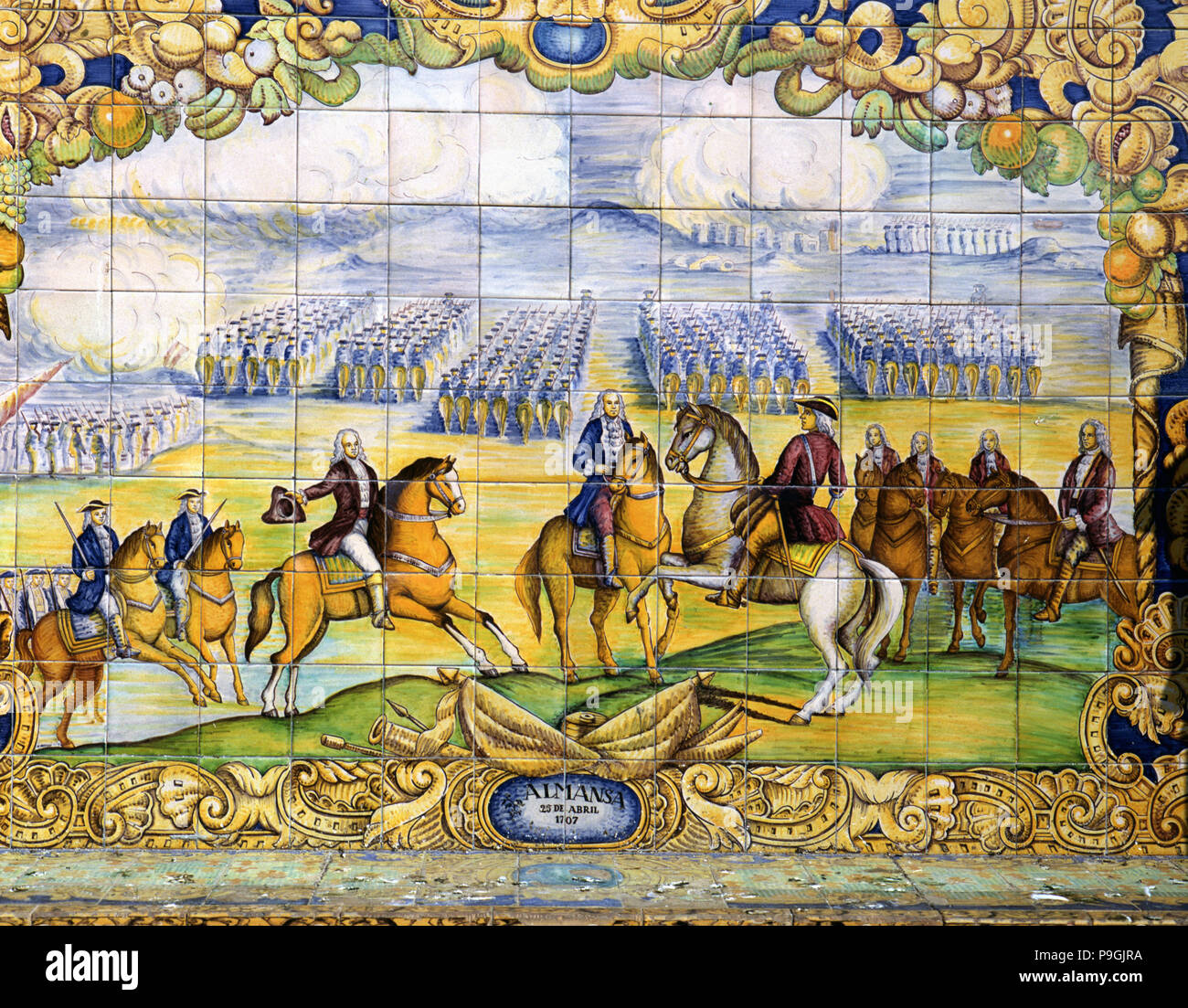 Battle of Almansa in 1707, tile panel located in the Plaza of Spain in Seville. Stock Photo