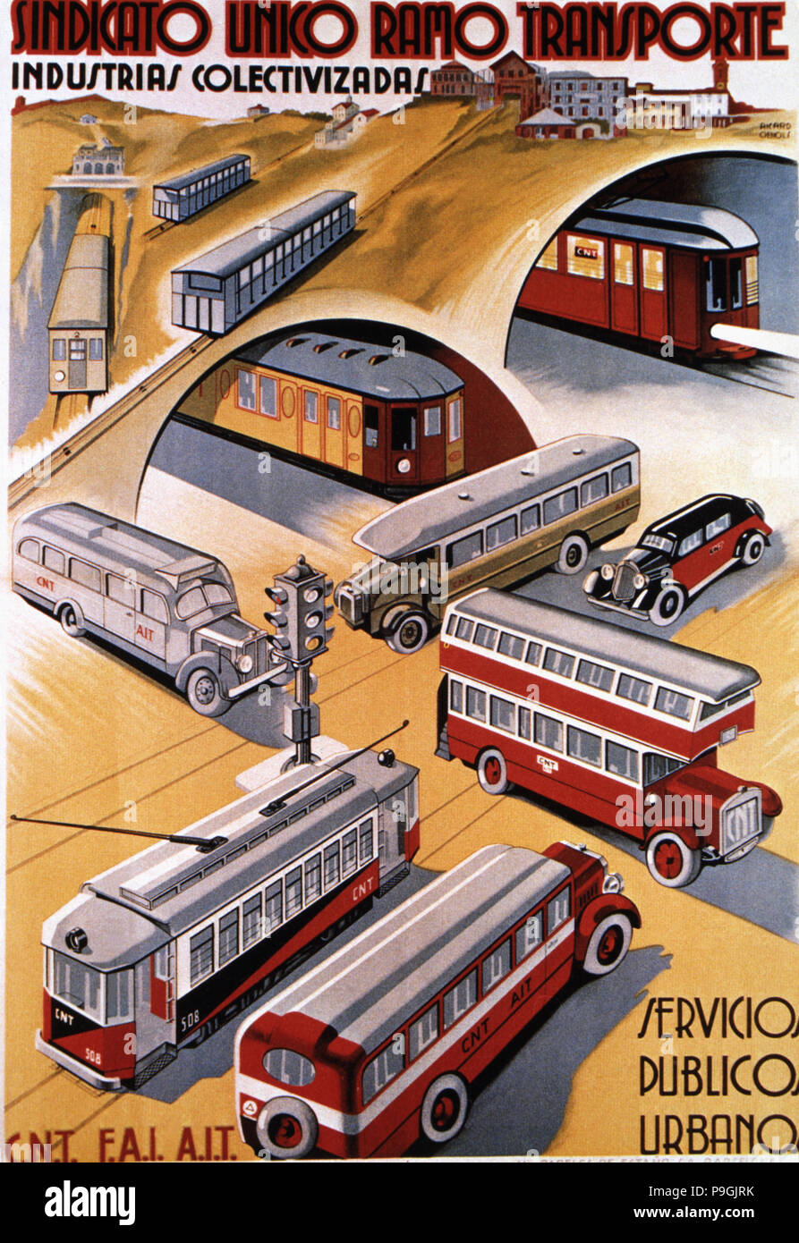 Poster advertising the urban public services, published by CNT and FAI during the years of the Se… Stock Photo