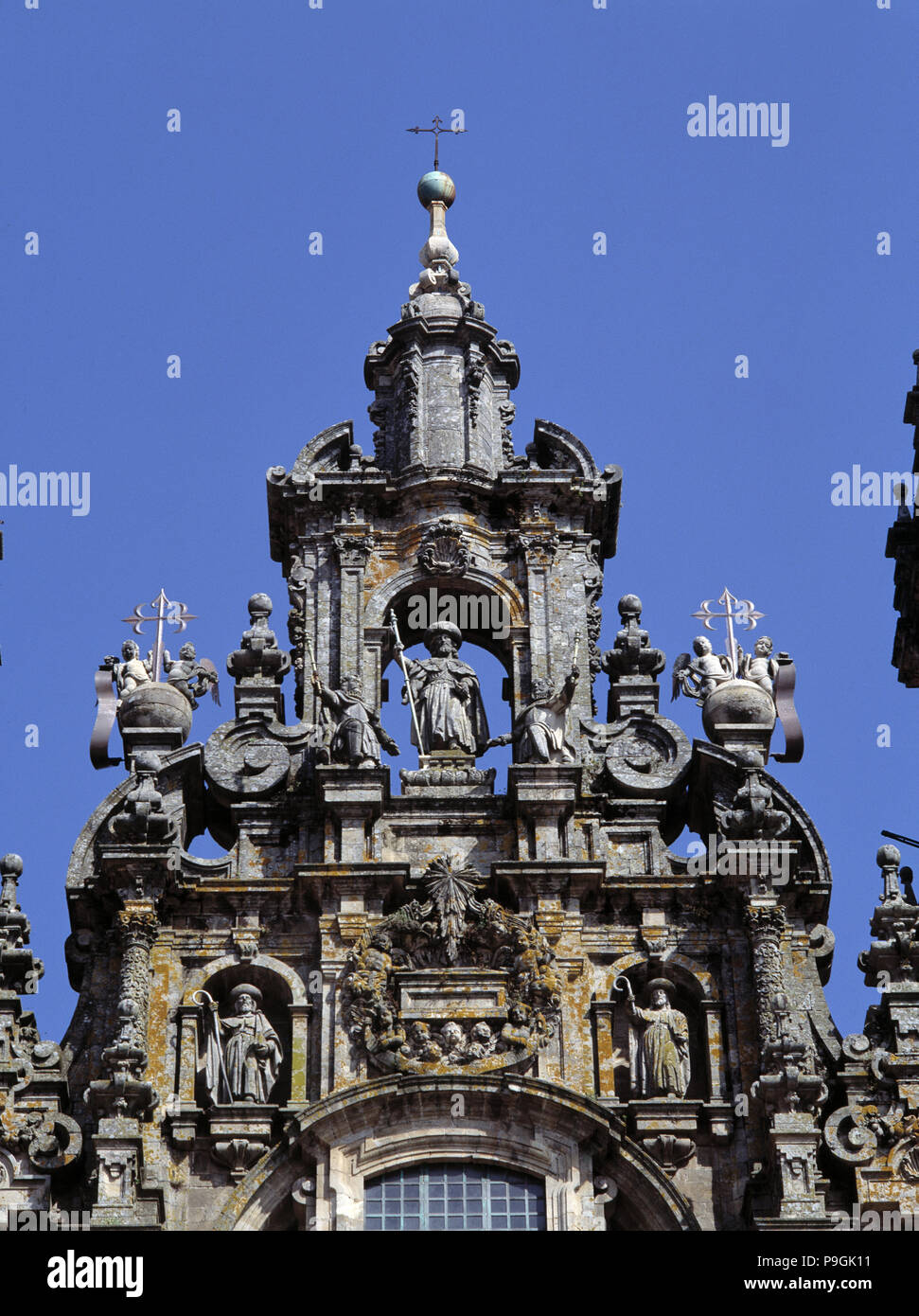 Detail of the façade of the Obradoiro in the Cathedral of Santiago de Compostela, by Fernando Cas… Stock Photo