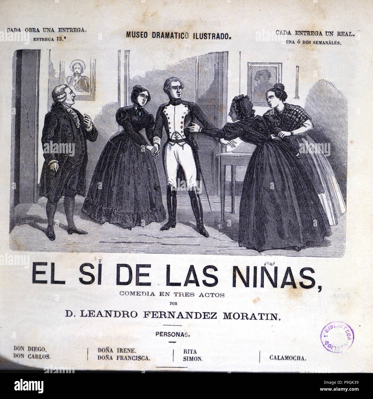 Header of the play 'El Sí de las Niñas' by Fernandez de Moratin with an  engraving of the time Stock Photo - Alamy