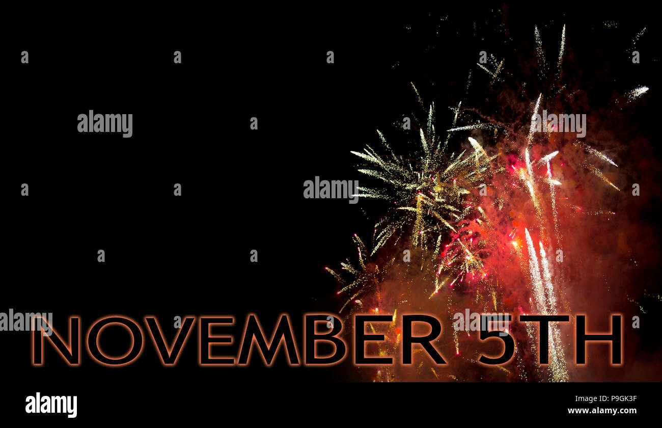 Bonfire night, November 5th, UK celebrates Guy Fawkes night with fireworks. With copyspace. Stock Photo