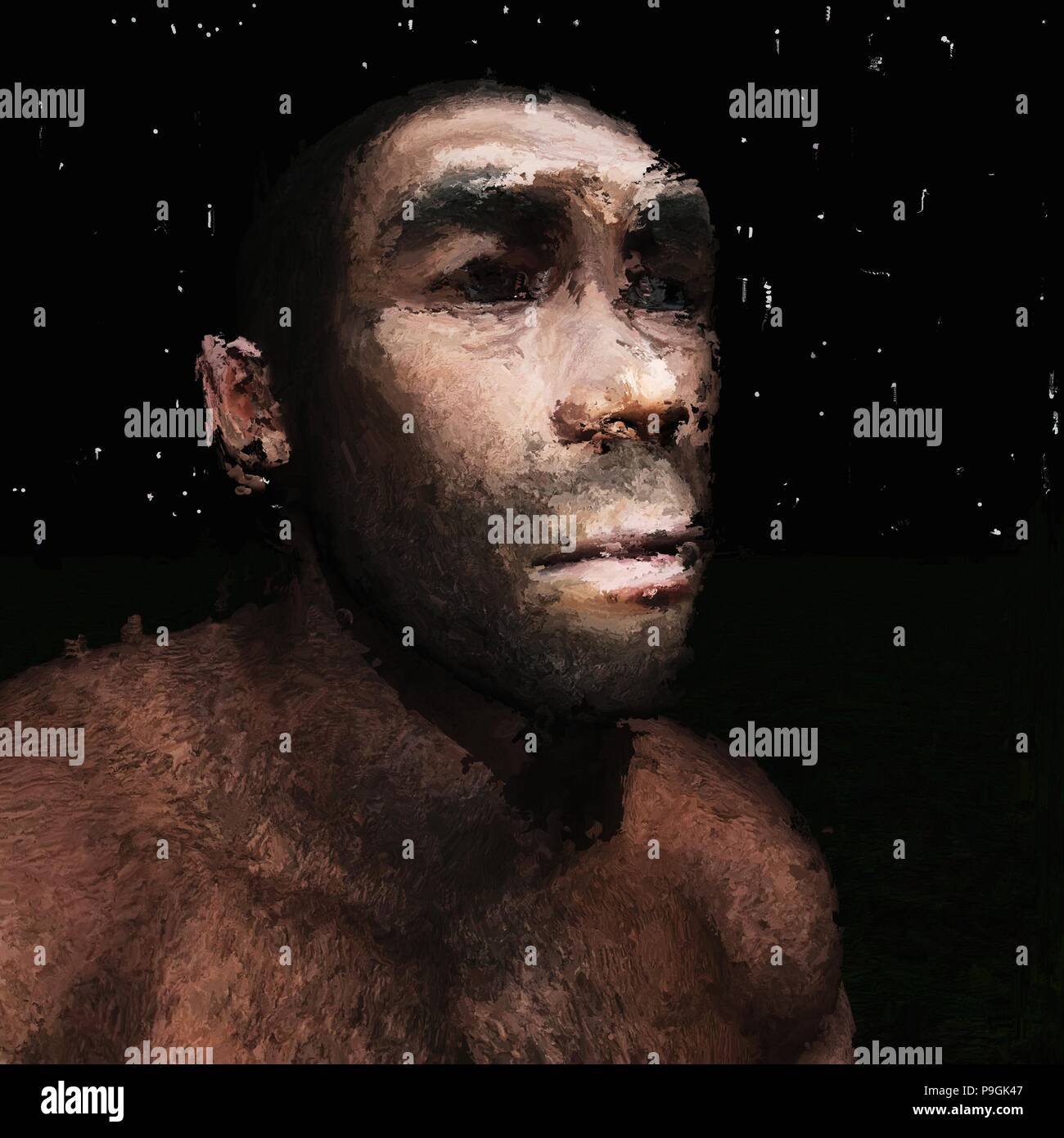Digital Painting of a prehistoric Man, based on own 3D Rendering, no Model Release or Property Release required Stock Photo