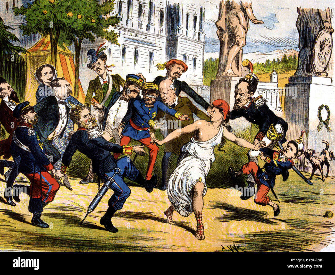 Provisional Government of 1869 - 1870, allegory of democracy hounded by pretenders to the throne,… Stock Photo