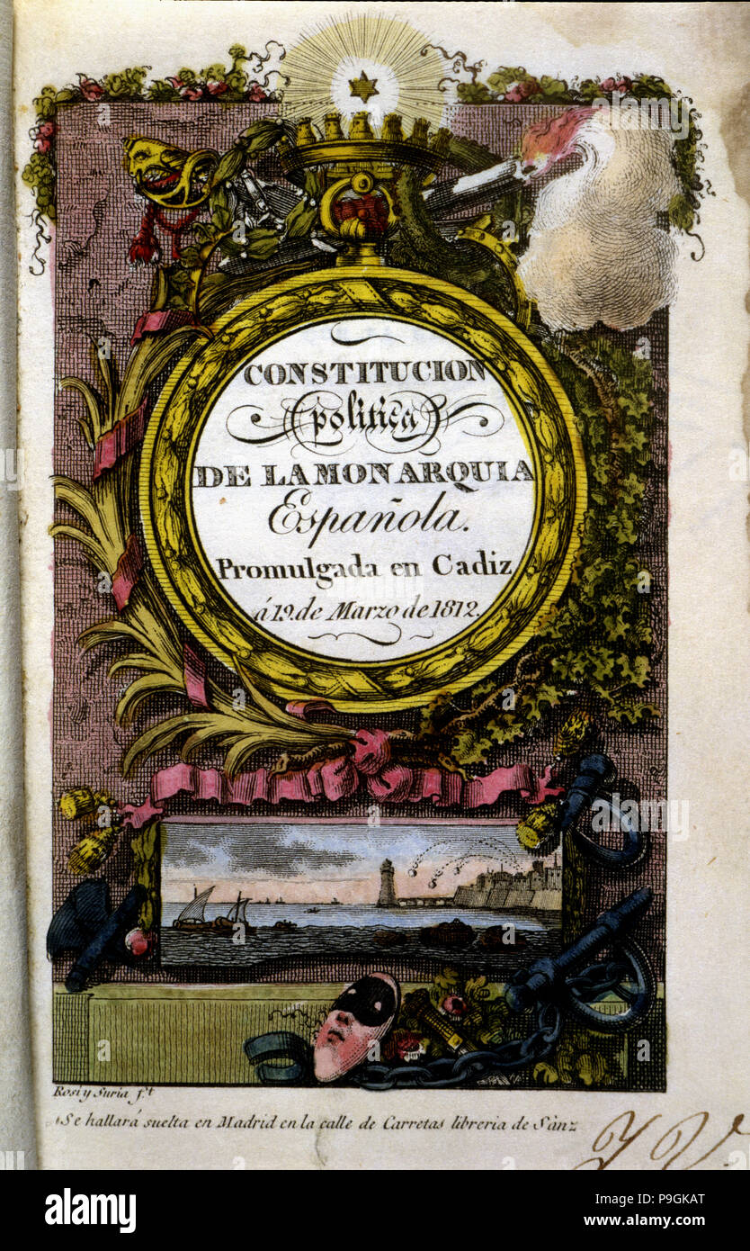 Cover of the 'Political constitution of the Spanish Monarchy' promoted in Cadiz in 1812. Stock Photo