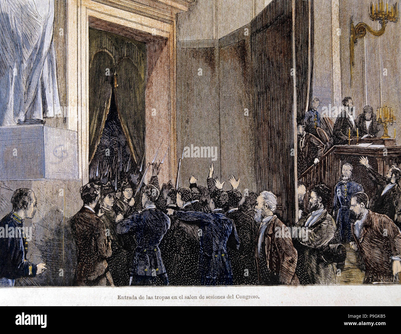 Coup d'état, entry of the troops of General Pavia in Congress,' Manuel Pavia (1827-1895), engravi… Stock Photo