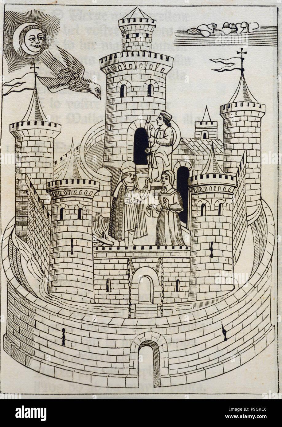 View of a castle, engraving in 'Coplas de Mallorca' (Songs of Majorca), 1398. Stock Photo