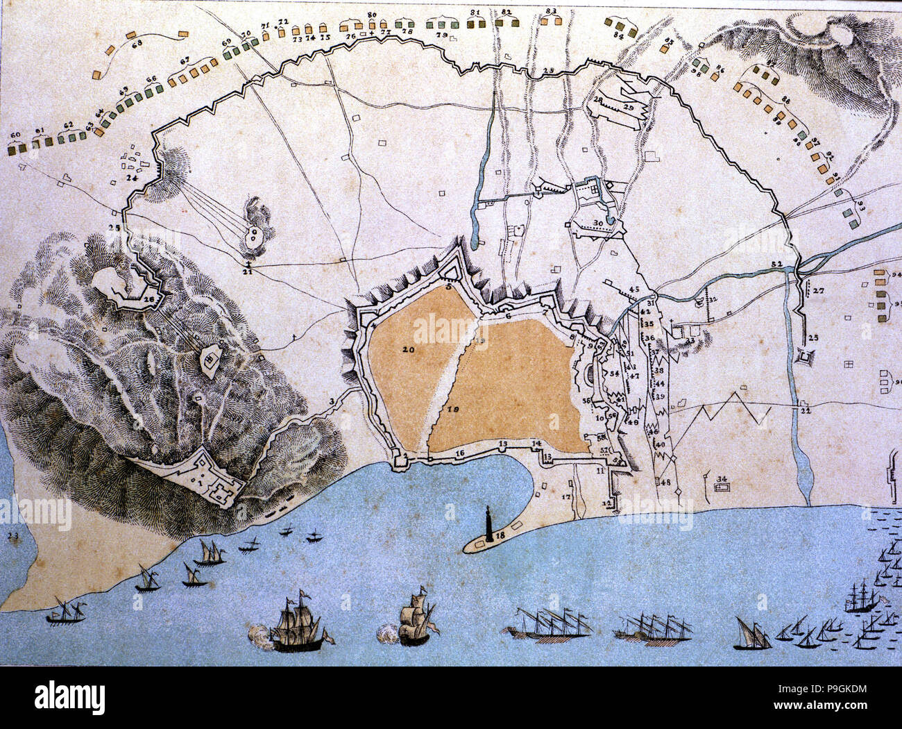 Map of the city of Barcelona during the siege of Philip V in 1714. Stock Photo
