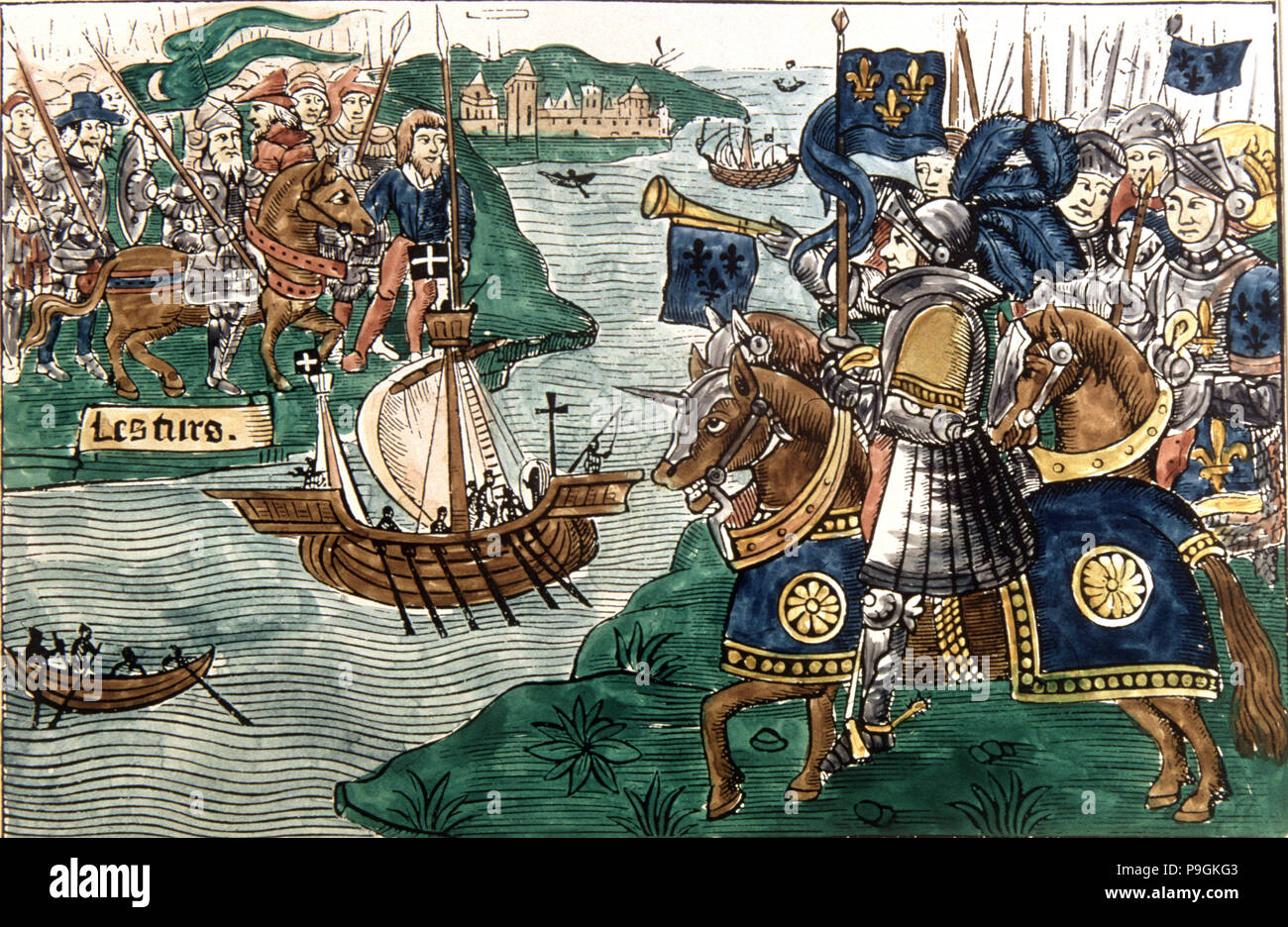 King Louis IX in the Crusades attacking the Moors in Carthage (1270), drawing. Stock Photo