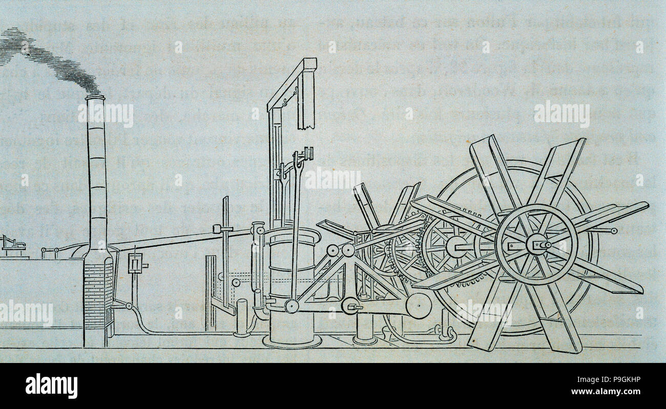Plan and perspective of the steam engine and wheels tree of the
